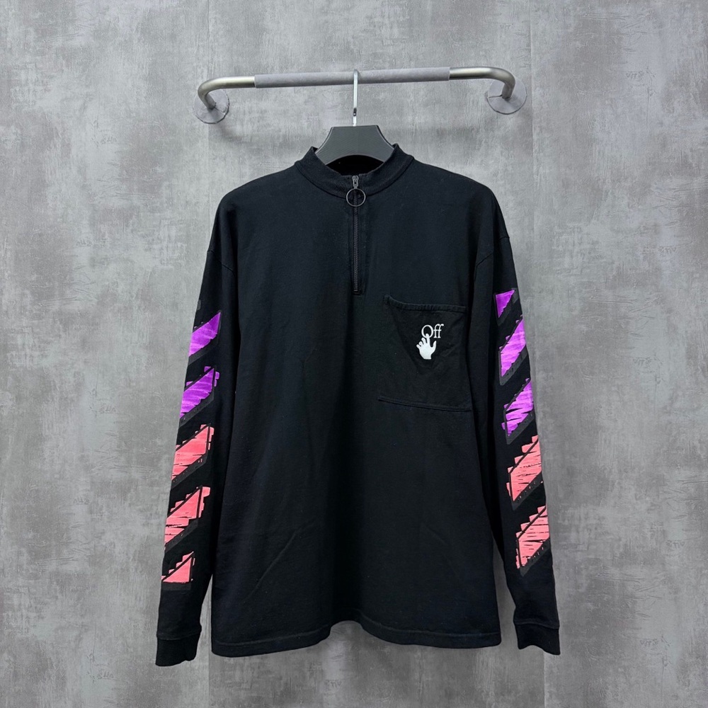 🚩steal Authentic Off-White Black Long Sleeve Shirt with Pink and Purple Stripes